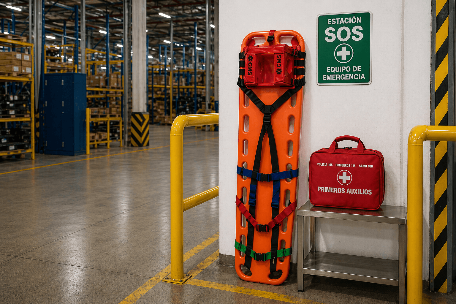 Estación SOS con tabla espinal y botiquín en planta industrial